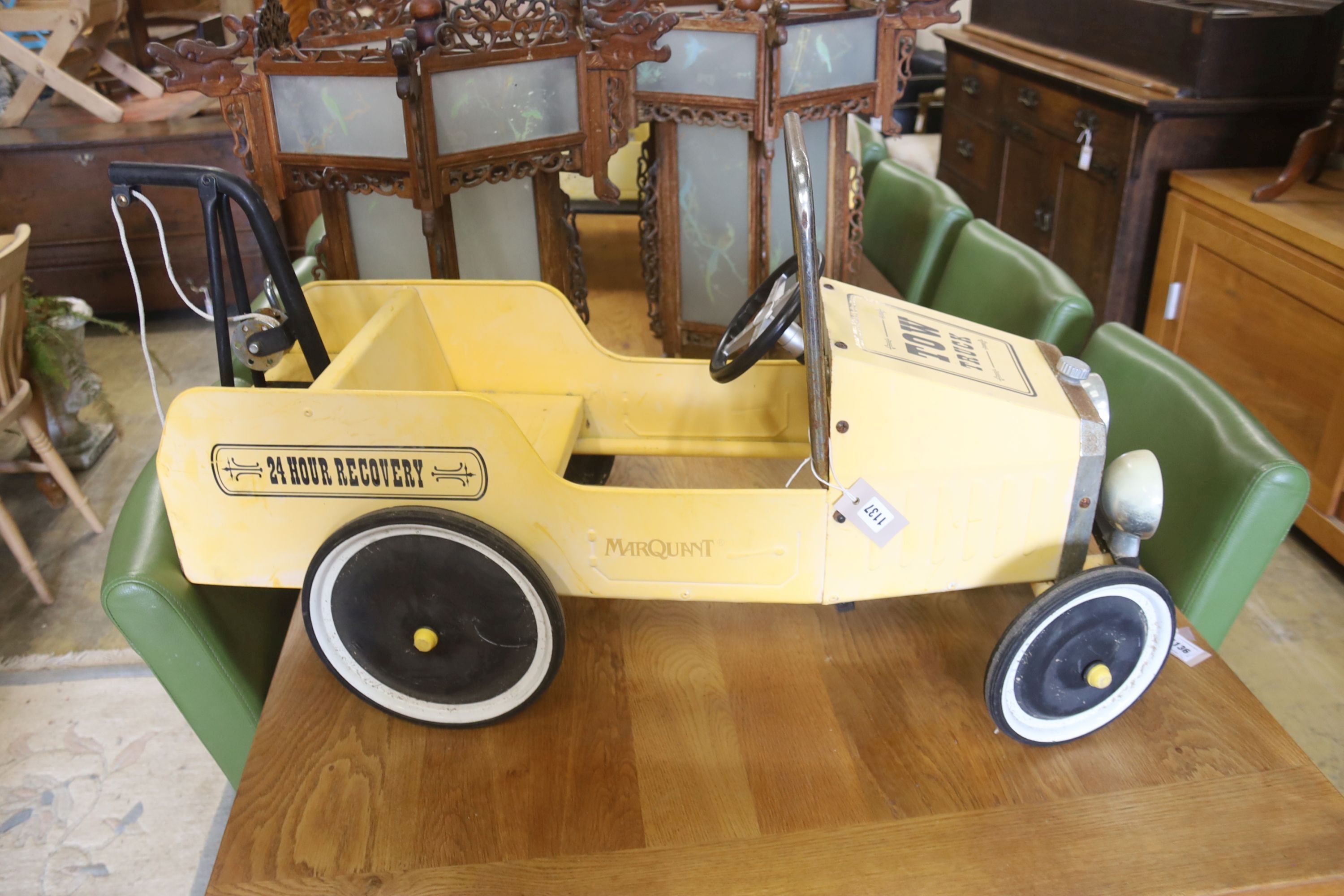 A child's tin plate pedal car tow truck, length 94cm